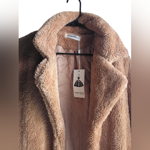 NWT Angashion Dark Camel Fuzzy Fleece Fox Fur Cardigan Size Large - Picture 3 of 3